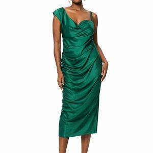 CACHE Asymmetric Emerald Satin Midi Dress | Size 8